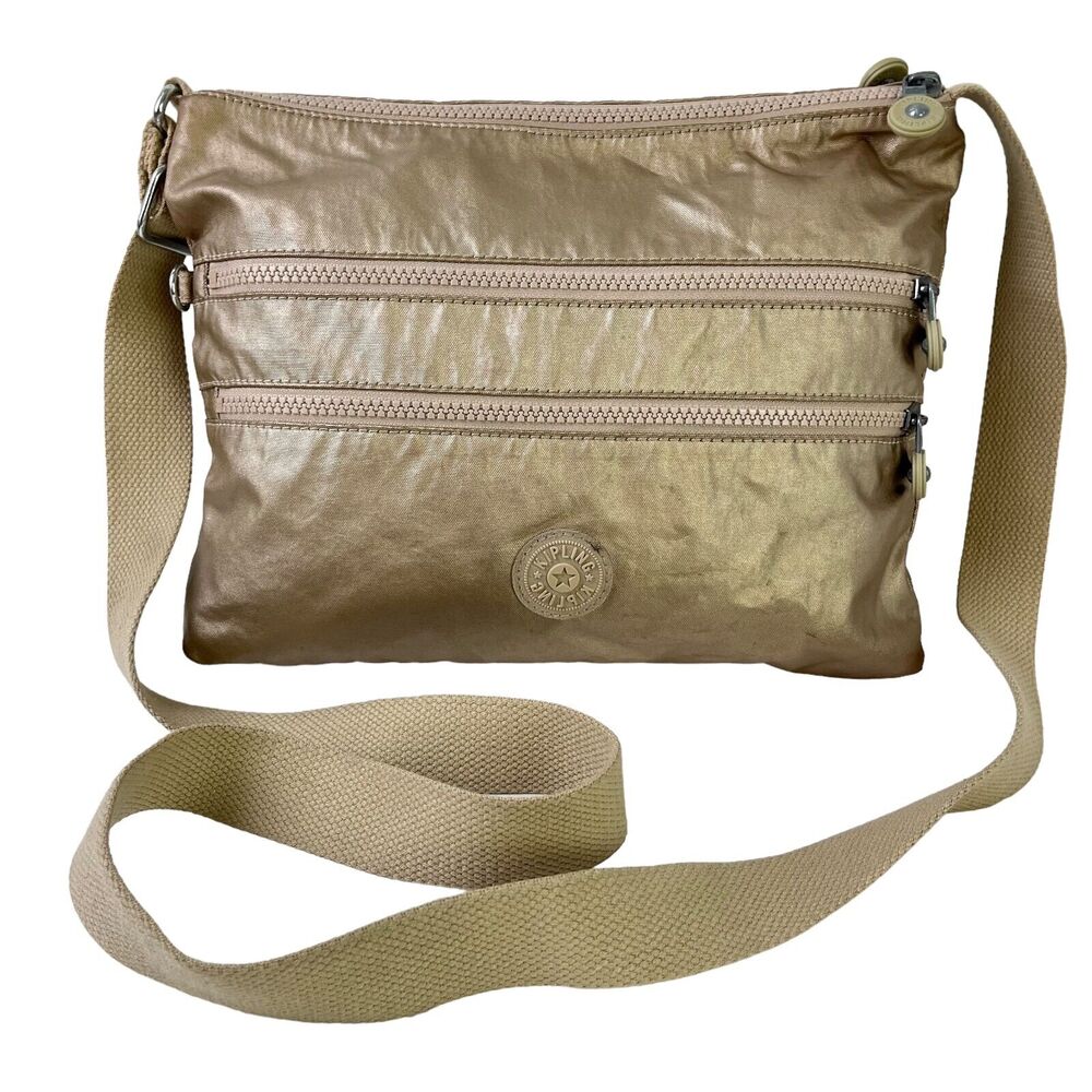 Kipling Womens Champagne Gold Crossbody Messenger Shoulder Bag Purse Canvas